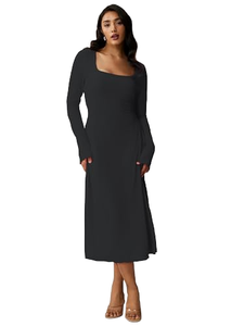 Vestido Midi Sencillo con Cuello Redondo y Manga Corta, Cintura Alta, para Mujer, Casual, Ajustado, Color Sólido, Tejido de Poliéster, para Uso Diario, Todas las Temporadas, Estilo Dulce - Product Image 1