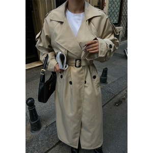 Manteau trench vintage pour femme avec fente latérale, en tissu tricoté beige, rembourré en coton, imprimé, pour la saison d'automne - Product Image 6