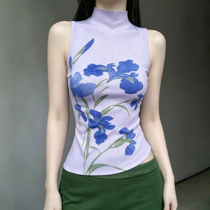 Sleeveless Crop Vest High Neck Slim Fit Botanical Print Chinese Vintage Hot Girl U Hem <b>Top</b> - Product Image 5