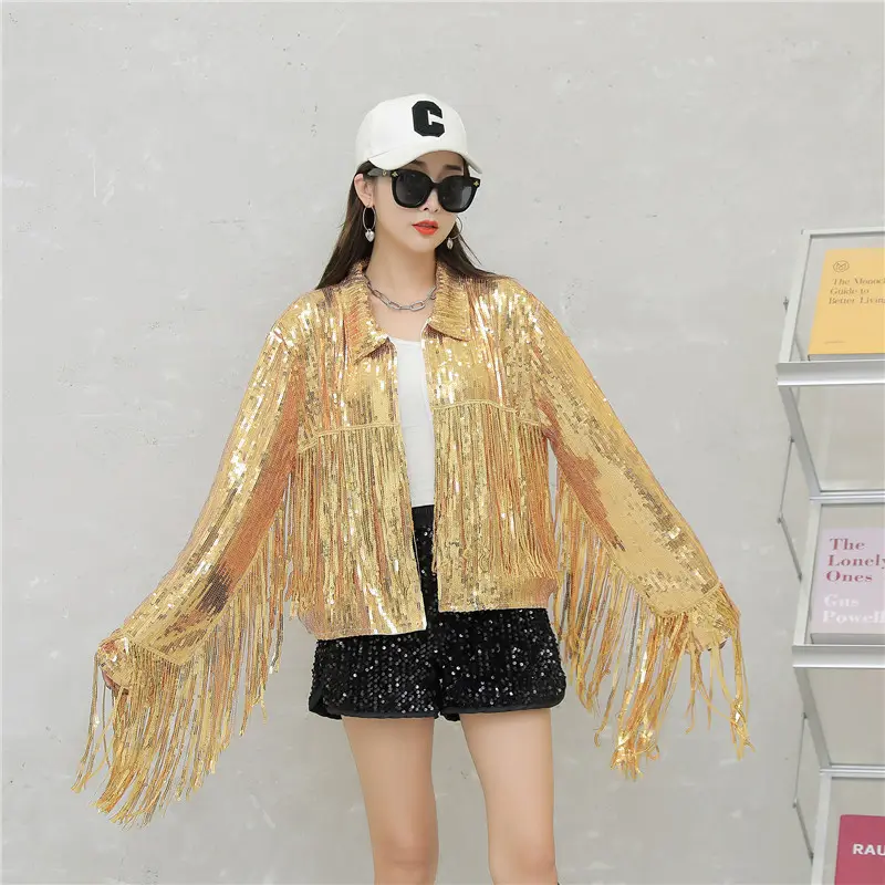 Women Fashion Tassel Sequined Jacket Long Sleeved Sparkly Cardigan Coat Club Party Stage Show Women Jackets