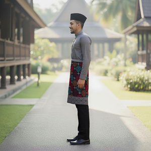 Melayu ชุดคอปกแมนดารินสีดำของผู้ชายจากมาเลเซียแบบดั้งเดิมพร้อมผ้ากันเปื้อนลายเรขาคณิตสีสันสดใสเครื่องแต่งกายตามเทศกาลในหมู่บ้านทางวัฒนธรรม - Product Image 3