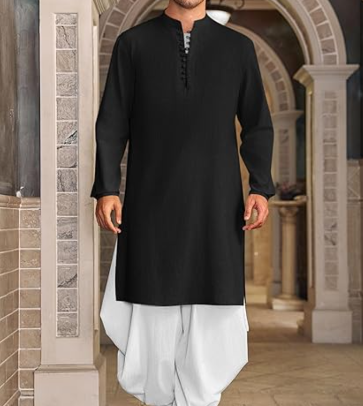 LVCBL Kaftan voor heren, moslims, met lange mouwen, ronde hals, knoop, hoge thobe M-3XL, Zwart, XL