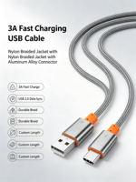 Câble USB A vers Type C en nylon tressé à charge rapide 3A, prix de gros, logo personnalisé OEM ODM