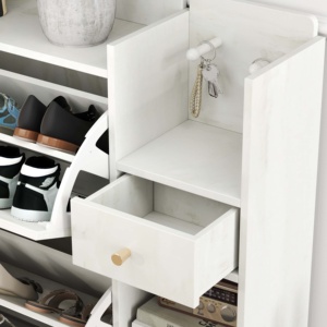 خزانة أحذية بوهيمية من صنرايز مع 3 أدراج قابلة للطي من الخيزران، و3 أرفف مربعة، ودرج واحد، منظم أحذية مع خطافات للمدخل - Product Image 4