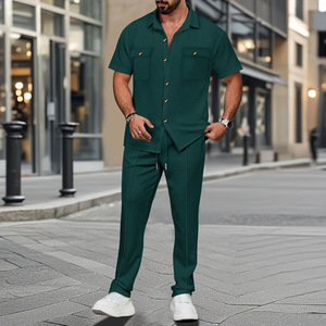 Baju Pria lengan pendek, baju celana saku kancing lengan pendek warna Solid baru musim panas 2 potong - Product Image 6