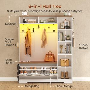 SENYU Farmhouse Entryway <b>Coat</b> <b>Rack</b> <b>with</b> Storage Bench 6 Hooks 5 <b>Shelves</b> Wood Multifunctional Furniture for Home Entryway - Product Image 4
