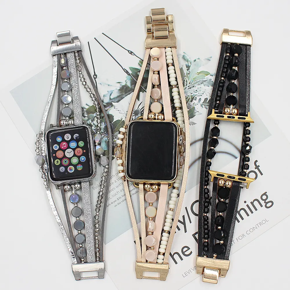 Women Fashion Smart Bracelet Band Accessories For Apple Watch 38mm 42mm 40mm 44mm Beads Leather Watch Strap