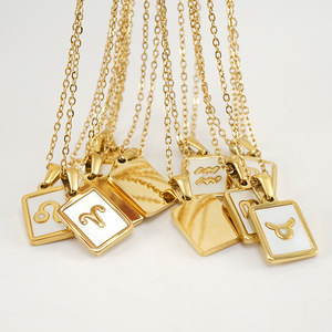 Simpele 12 astrologische, niet-aanslaande 18K vergulde roestvrijstalen vierkante schelp hanger met dierenriemtekens, sieraden accessoires - Product Image 2