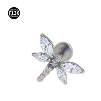 Boucles d'oreilles labret en titane ASTM F136 en forme de libellule avec zircon cubique marquise, certifiées pour enfants et mariages, directement de l'usine Getta