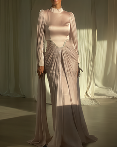 ชุดราตรีทรงเมอร์เมดหรูหราสำหรับผู้หญิง ประดับคริสตัลแบบดูไบ จับจีบพร้อมผ้าคลุม ชุดสำหรับพิธีต่างๆ  ชุดราตรีแบบมุสลิมสั่งตัดได้ - Product Image 3