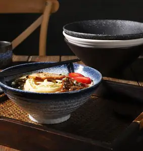 Mangkuk sup Ramen keramik Jepang pedesaan 7/8 /9 inci hitam mangkuk saji keramik mangkuk bulat untuk restoran Stoneware Ramen nobdl