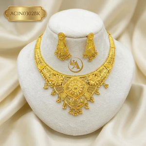 Luxury Dubai Style Gold Plated Statement Necklace Set for Women Designer Floral African Wedding Jewelry - Product Image 1