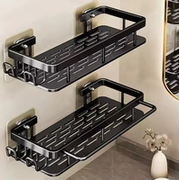 Étagère de douche noire autocollante, étagère murale d'angle pour salle de bain, crochets et rangements pour salle de bain et cuisine (noir)