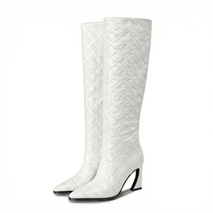Chic femmes tissé Texture PU genou <span class=keywords><strong>bottes</strong></span> hautes bout pointu sculptural bloc talon grandes tailles dames chaussures d'hiver - Product Image 6