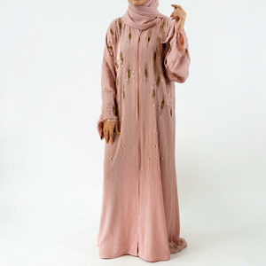 Abaya Rosa Abierta, Vestido Modesto con Adornos de Terciopelo, Túnica Larga para Mujer, Diseño Personalizado para Verano e Invierno - Product Image 3