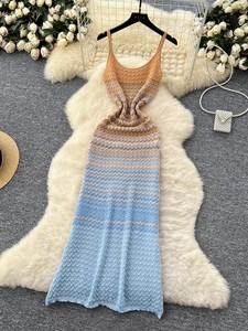 <span class=keywords><strong>Vestido</strong></span> Maxi de Mujer en Degradado <span class=keywords><strong>Amarillo</strong></span> Neón y Borgoña, Tejido a <span class=keywords><strong>Crochet</strong></span>, Corte en A, con Detalle de Borlas, Sin Mangas, Antiarrugas, Casual, para Verano - Product Image 5