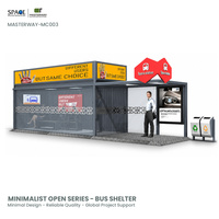 Abri de bus modulaire en acier sur mesure avec grande caissonne lumineuse publicitaire sur le toit et espace d'attente en verre fermé