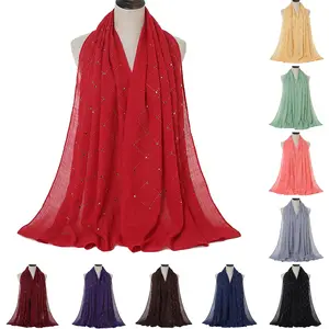 女式围巾披肩批发纯棉格子纯色围巾配钻石穆斯林女式头巾围巾和披肩头巾