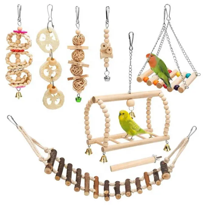 8 Packs Bird Parrot Swing Hanging Toys Natural Wood Bell Bird Cage Toys for Parrots Love Birds