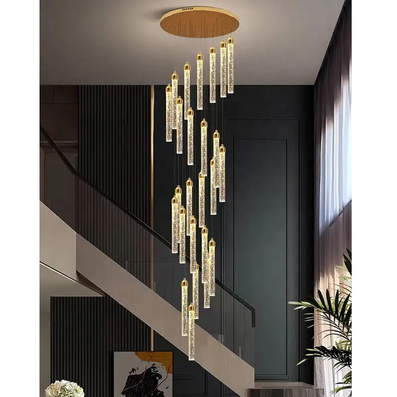 Aangepaste Lange Gouden Moderne Loft Duplex Led Plafond Hanglamp Lobby Opknoping Kristallen Trap Kroonluchter