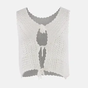 Vintage Y2K Custom Knit Women Sweater Vest Crew Neck Sleeveless Front Open Tie Up Hollow Out Crochet Cardigan Vest
