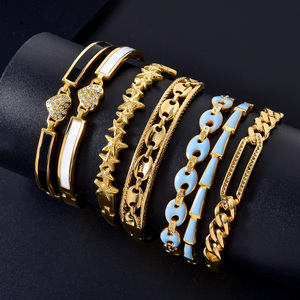 Enamel <b>Stacked</b> Bulk Wholesale 18K Gold Plated Stainless Steel Heart Design Zircon Elegant Versatile Unisex Bangle <b>Bracelet</b> Set - Product Image 1
