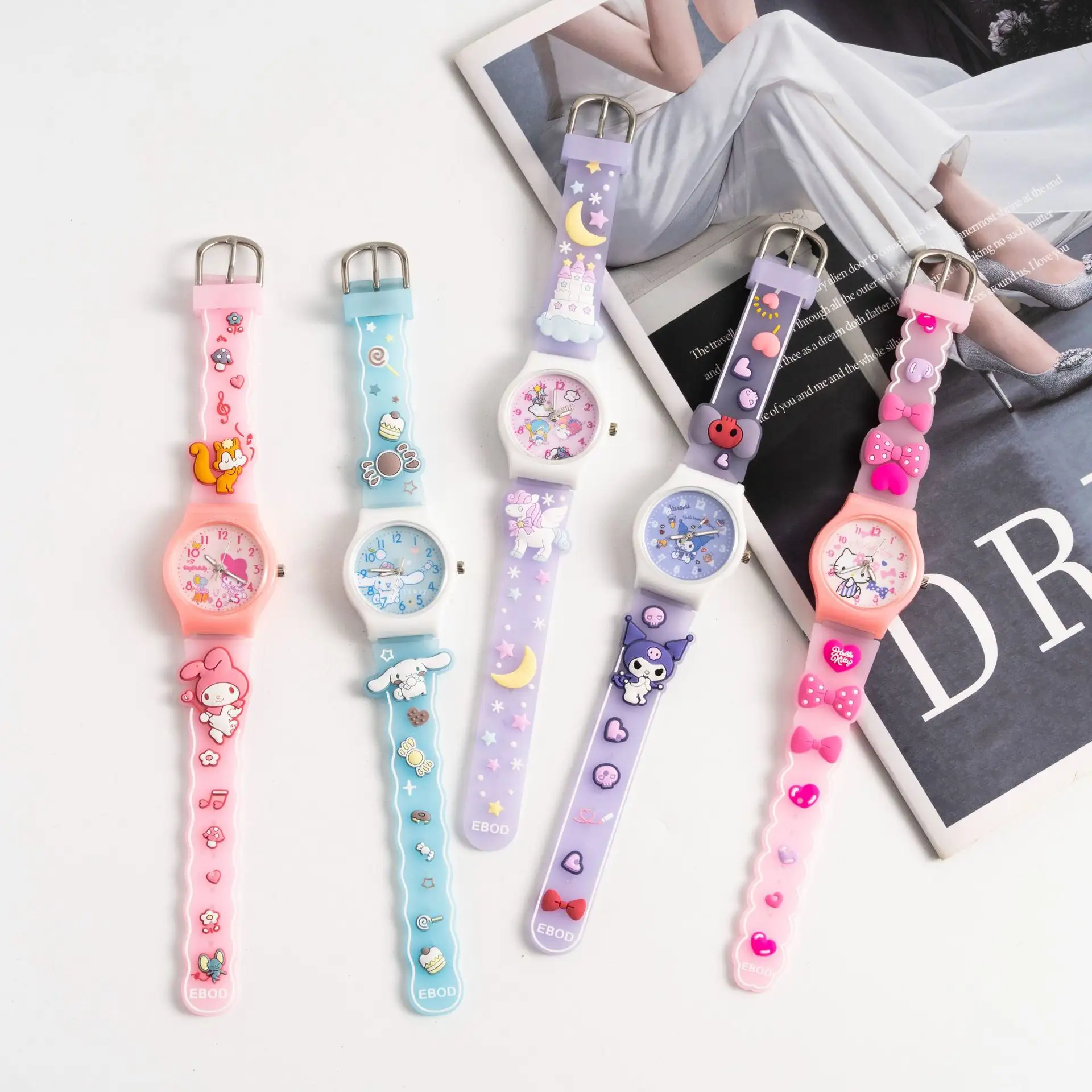 Wholesale Cute Cartoon Sanrioed Watch Kulomi Cinnamon Dog 3D Strap Watch Student Quartz Kids Watch Birthday Gift