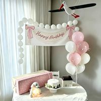 Hiasan Dinding Latar Belakang Foto Kain Gantung Ulang Tahun Bayi Satu Tahun, Bendera Pita Biru dan Pink Sederhana dan Segar ala Korea