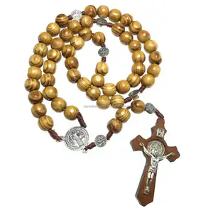 10MM faux olive wood natural pine wood Rosary Necklace handmade Jesus Cross and Benedict beads connecting