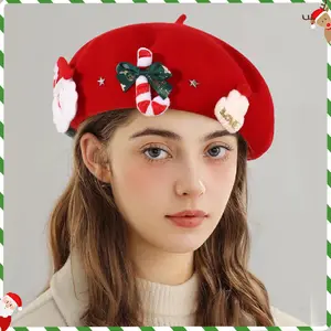 قبعة نسائية رائعة بتصميم كلاسيكي من الصوف الأكريليك 100% الأكثر مبيعًا مناسبة للاستخدام اليومي مزخرفة بشكل ثلاثي الأبعاد مع هدية للكريسماس