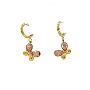 Pendientes de Moda con Diseño de Mariposa en Acero Inoxidable 316L Chapado en Oro con Cristales Rosados - Product Image 1