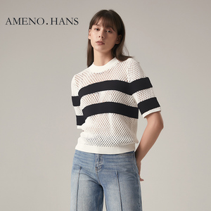 Nuovo arrivo maniche corte O collo maglione donna Top bianco <span class=keywords><strong>e</strong></span> nero con bottoni - Product Image 4