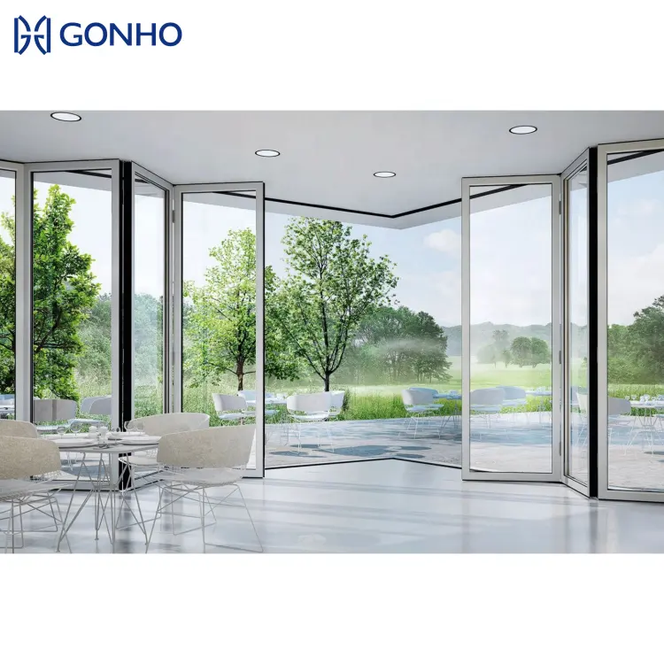 Finestre GONHO impermeabile isolamento dell'acqua doppia porta in vetro temperato in alluminio porte scorrevoli pieghevoli per balcone