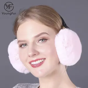 新款冬季女性保暖柔软兔毛耳罩女孩兔毛毛绒耳罩100% 天然毛皮耳罩