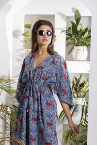 Red And Water Blue Printed Dress For <b>Women</b> With <b>Cape</b> Sleeves V Neckline And Flared Hem For Stylish Casual Fashion And Party Wear - Product Image 5
