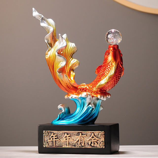 Resin Koi Fish Water Wealth Attracting Ornament Purely Handmade Home Decoration Moving Gift for Living Room TV/Wine Cabinet