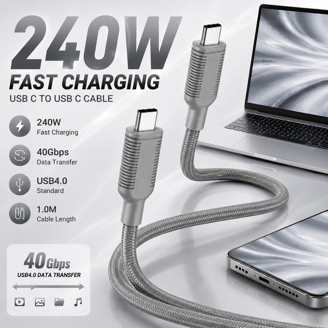 240W Type-C to Type-C Fast Charging Cable 1M 40Gbps High Speed Data Nylon Braided USB-C Charging Cable