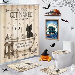 Rideau de Douche Moderne Imprimé Numérique Imperméable en Polyester avec Scène de Bain de Chat Fantôme Beige, Impression Personnalisée, Vente en Gros - Product Image 2