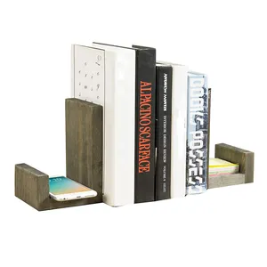 Serre-livres vintage en bois massif gris-Supports de livres décoratifs pour bureau avec design en forme de L