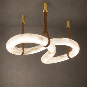 Lustre en albâtre naturel entrelacé avec canopy en laiton et sangle en cuir pour salle à manger, villa, hôtel - Product Image 1