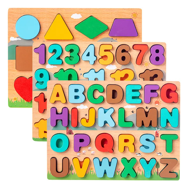 Mainan edukasi anak-anak, mainan pendidikan anak-anak, papan alfabet huruf ABC dan angka, papan Puzzle kayu