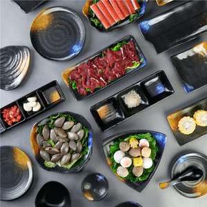 Japanese Style Melamine Serving <b>Trays</b> Rectangular Black Gold Design For <b>BBQ</b> Sushi Restaurant Use - Product Image 2
