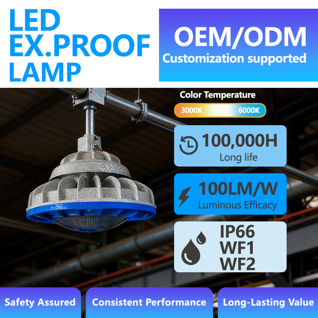 Industrial Equipment 30W-100W LED Explosion Proof Aluminum Alloy IP66 Ra>80 E27 Lights 3-Year Warranty 100000 Hours Lifespan