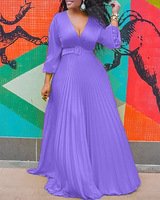 Robe longue Offre Spéciale été plissée à taille haute col en V Robes maxi à manches longues pour femmes de grande taille