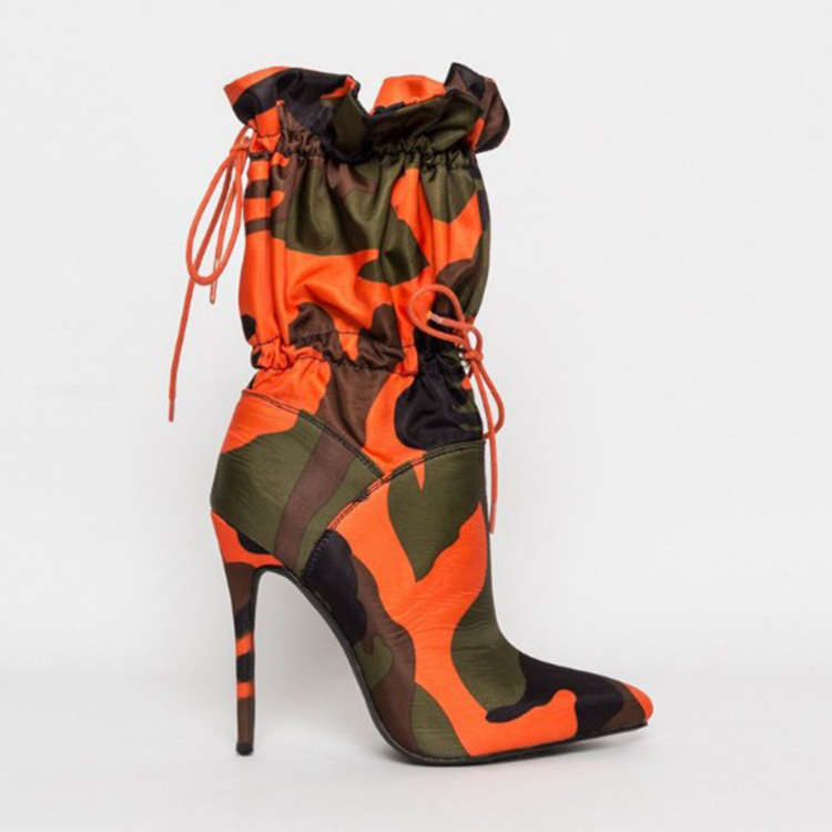 Grasso legging Larga albero camouflage militare maturo delle donne sexy stivali di corrispondenza con la giacca di cotone imbottito 4.5 inch coscia tacco alto