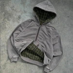 <strong>Reversible</strong> Plaid <strong>Zip</strong> up Hoodie Heavyweight Cotton Fleece Washed Charcoal Grey with Zipper for Men Streetwear - Product Image 4