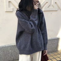 Pull en tricot épais à col rond ample rétro uni pour femme, haut d'automne et d'hiver