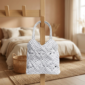 Bolso de mano casual de ganchillo blanco con borlas geométricas, estilo bohemio, asa única, tejido, cierre de cremallera, ecológico - Product Image 3