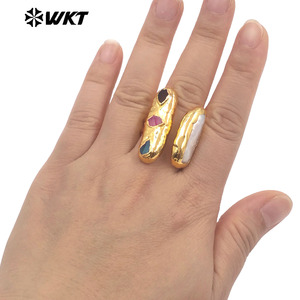 Anillos ajustables de perlas de agua dulce y piedra de ágata pequeña Natural chapada en oro de doble piedra de gran oferta de 2017 - Product Image 5