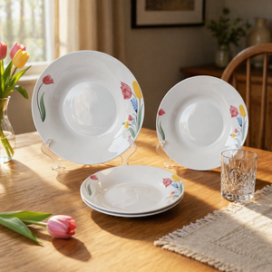 Plato hondo de cerámica contemporáneo con estampado de <span class=keywords><strong>tulipanes</strong></span> en <span class=keywords><strong>acuarela</strong></span>, tazón profundo para pasta con diseño floral colorido, apto para microondas, juego de vajilla. - Product Image 5